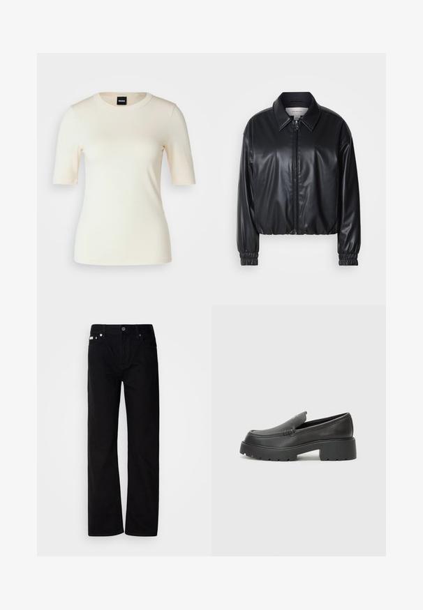 Melna, īsā jaka no mākslīgās ādas ar zipa priekšpusi, norādītām apkaklēm un elastīgām aprocēm. Uz krūtīm ir minimāla zīmola identifikācija.; BOSS EFITA - Pamata T-krekls - open yellow; Melnas denima taisnas kājas bikses ar pieciem kabatām, sudraba kniedēm un pogu aizdari. Audumam ir gluda, nedaudz teksturēta virsma.; Melnas ādas mokasīni ar noapaļotu purngalu, biezs teksturēts zoles un minimālas dūriena detaļas. Gluds dizains bez redzamām auklām vai metāla elementiem.