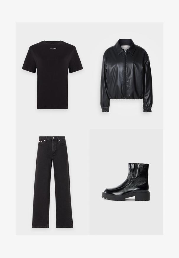 Black cropped jacket in faux leather with a zip front, pointed collar, and elastic cuffs. Features minimal branding on the chest.; Black cotton t-shirt with short sleeves, crew neck, and small white "Calvin Klein" logo at the chest. Smooth texture, classic fit.; Black wide-leg jeans made of denim, featuring a high-rise waist, five-pocket styling, and a metal button closure with contrasting stitching.; Black ankle boots with a glossy patent leather finish, chunky black rubber sole, and raised heel; includes subtle logo detail on the side.