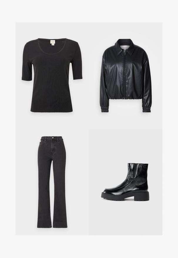 Svart cropped jakke i faux skinn med glidelås foran, spiss krage og elastiske mansjetter. Har minimal merkevareprofil på brystet.; Svart kortermet t-skjorte laget av glatt stoff, med bred scoop-hals og en avslappet passform. Ingen mønstre eller aksenter til stede.; Svarte høyt midje, utsvingte jeans laget av denim, med knappelukking, beltehemper og sidelommer. Glatt tekstur med minimal falming.; Svarte ankelstøvler med en blank lakkfinish, kraftig svart gummisåle og hevet hæl; inkluderer subtile logo-detaljer på siden.