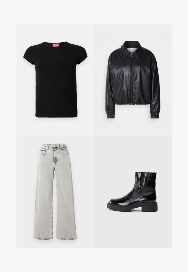 Čierna skrátená bunda z umielej kože s predným zipsom, špicatým golierom a elastickými manžetami. Obsahuje minimálne logo na hrudi.; Čierne priliehavé tričko s krátkymi rukávmi a okrúhlym výstrihom s červenou značkou Diesel na límci.; Rifle s širokými nohavicami v svetlosivej denimovej látke, s vyblednutým efektom, prednými vreckami a zapínaním na gombík. Dizajn je voľný a priestranný.; Čierne kotníkové topánky s lesklým patentným koženým povrchom, masívnou čiernou gumovou podrážkou a vyvýšeným podpätkom; na boku obsahujú jemný detail loga.