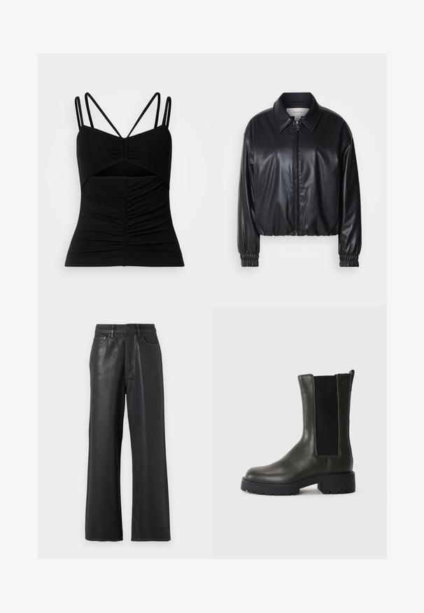 Melna, īsā jaka no mākslīgās ādas ar zipa priekšpusi, norādītām apkaklēm un elastīgām aprocēm. Uz krūtīm ir minimāla zīmola identifikācija.; Melnā bezpiešu augšdaļa ar regulējamiem plāniem siksniņām, ar raibu dizainu priekšā un izgriezumu vidusdaļā.; Melni platās bikses, kas izgatavotas no spīdīga materiāla. Tām ir pogu aizdare, jostas cilpas un priekšējās kabatas ar gludu tekstūru.; Zaļas ādas potīšu zābaki ar elastīgiem sānu paneļiem, noapaļota purngala un gumijas zoli. Piedāvā teksturētu apdari un bloka papēdi.