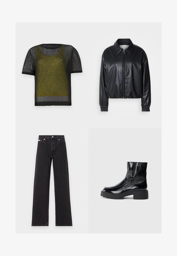 Črna krajša jakna iz umetnega usnja z zadrgo spredaj, koničastim ovratnikom in elastičnimi manšeti. Ima minimalno blagovno oznako na prsih.; Črna kratkosleeve pletena majica s prosojnim vzorcem, ki ima zeleni in sivi slojeviti dizajn, okroglo izrezan ovratnik in kontrastne temne obrobe.; Črne široke jeans hlače iz denima, s poudarjenim pasom, petimi žepi in kovinskim gumbom za zapiranje ter kontrastnim šivanjem.; Črne gležnarje z sijajnim patentiranim usnjem, debele črne gumijaste podplate in dvignjen petni del; vključujejo subtilen logotip na strani.