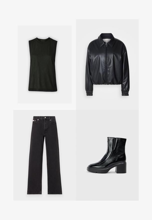 Črna krajša jakna iz umetnega usnja z zadrgo spredaj, koničastim ovratnikom in elastičnimi manšeti. Ima minimalno blagovno oznako na prsih.; Črn brezrokavnik iz mehkega blaga z zaobljenim ovratnikom in sproščenim krojem. Preprost dizajn brez vidnih vzorcev ali kovinskih delov.; Črne široke jeans hlače iz denima, s poudarjenim pasom, petimi žepi in kovinskim gumbom za zapiranje ter kontrastnim šivanjem.; Črne lakirane gležnjarje z ukrivljenim nosom, elastičnimi stranskimi paneli in debelim blokastim peto. Imajo vtisnjen logotip na zadnjem delu.