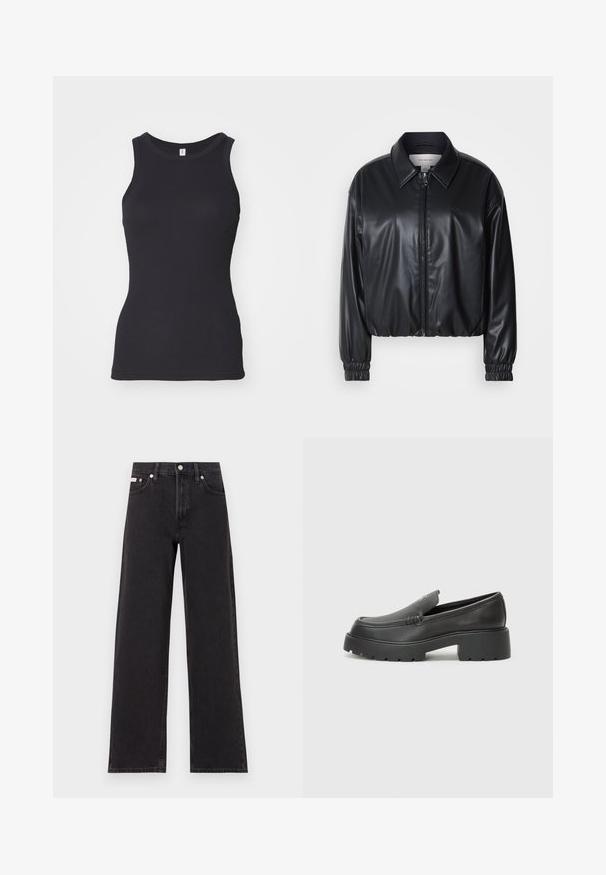 Juodas trumpas švarkas iš dirbtinės odos su užtrauktuku priekyje, smailiu apykaklės dizainu ir elastingomis rankovėmis. Švarke minimalus prekės ženklas ant krūtinės.; Juodas be rankovių marškinėlis su apvaliu iškirpimu. Pagamintas iš minkštos medvilnės audinio, jis turi prigludusią siluetą ir lygų paviršių.; Juodos plačios kojų džinsai, pagaminti iš džinsinio audinio, su aukštu liemeniu, penkių kišenių stiliumi ir metaline sagte su kontrastingo siuvimo detalėmis.; Juodi odiniai loaferiai su apvaliu pirštu, storu tekstūruotu padu ir minimaliu siūlių dekoru. Išskirtinis dizainas be matomų raištelių ar furnitūros.