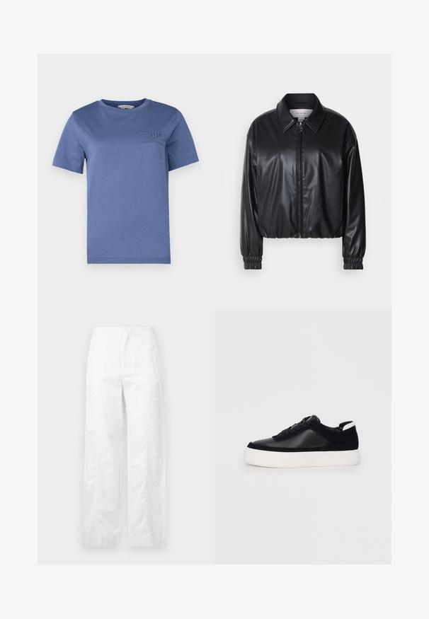 Fekete, rövidített fazonú műbőr dzseki, elöl cipzárral, hegyes gallérral és rugalmas mandzsettákkal. Minimalista logó található a mellkason.; Kék pamut póló rövid ujjakkal, kerek nyakkivágással és hímzett logóval a mellkasán. Sima felület, laza szabás, minimalista dizájn.; Fehér, széles szárú nadrág könnyű anyagból, sima textúrával, letisztult vonalakkal és magasderék kialakítással.; Fekete sportcipő sima bőrből és velúr panelekkel, lapos fűzőkkel, kerek orral és fehér gumi talppal. Megkülönböztető logó a sarkán.