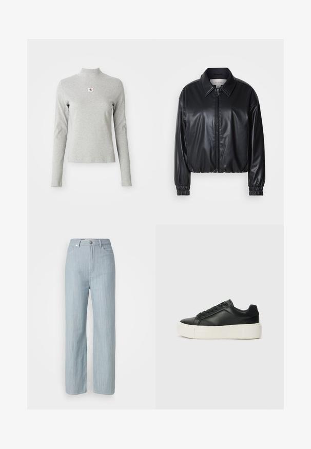 Musta lyhyt nahkatakki, jossa on vetoketjukiinnitys, terävä kaulus ja joustavat hihansuut. Rinnassa on minimaalinen brändäys.; Harmaa pitkähihaainen poolopaita pehmeästä kankaasta, jossa on ribbitettu pinta ja pieni CK-logo valkoisessa neliömäisessä kentässä rinnassa.; Vaaleansiniset suorat farkut, jotka on valmistettu denimistä. Sisältää viisi taskua, metallinappikiinnityksen ja hienovaraisen kulutustekstuurin.; Musta nahkakengät pyöreällä nenällä, valkoisella alustalla ja mustilla nauhoilla. Takana on huomaamaton logo ja pinta on sileä.