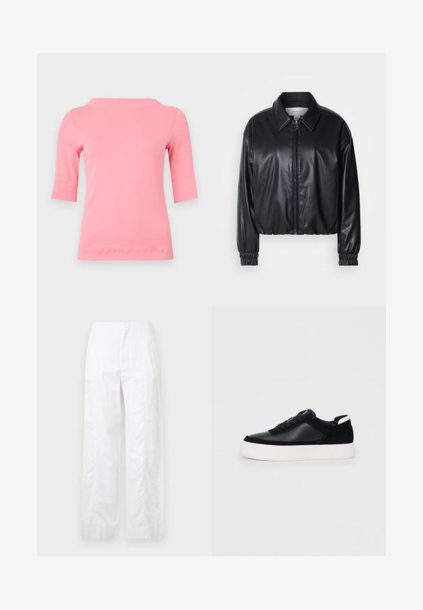 Melna, īsā jaka no mākslīgās ādas ar zipa priekšpusi, norādītām apkaklēm un elastīgām aprocēm. Uz krūtīm ir minimāla zīmola identifikācija.; Rozā kokvilnas tops ar laivu formas dekoltē, elkoni garām piedurknēm un noapaļotu apakšmalu. Ir neliels dekoratīvs logo netālu no apakšmalas.; Baltas, plaša kāju bikses, izgatavotas no viegla auduma, ar gludu tekstūru, tīrām līnijām un augstu jostasvietu.; Melnas sporta kurpes ar gludu ādu un zamša paneļiem, plakaniem šņorēm, noapaļotu pirkstu daļu un baltu gumijas zolīti. Izteikts logo uz papēža.