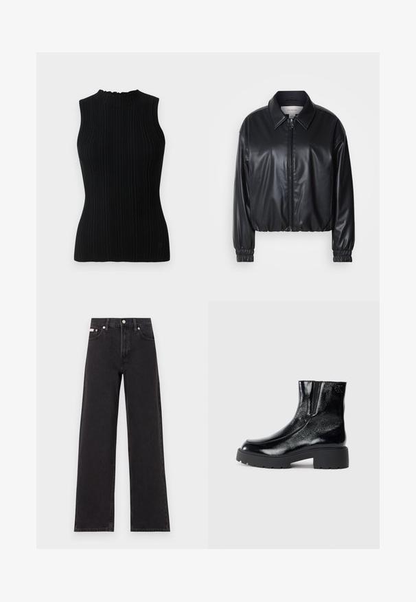 Black cropped jacket in faux leather with a zip front, pointed collar, and elastic cuffs. Features minimal branding on the chest.; Black sleeveless knit top with a ribbed texture and high neck. Features a fitted silhouette and minimalistic design.; Black wide-leg jeans made of denim, featuring a high-rise waist, five-pocket styling, and a metal button closure with contrasting stitching.; Black ankle boots with a glossy patent leather finish, chunky black rubber sole, and raised heel; includes subtle logo detail on the side.
