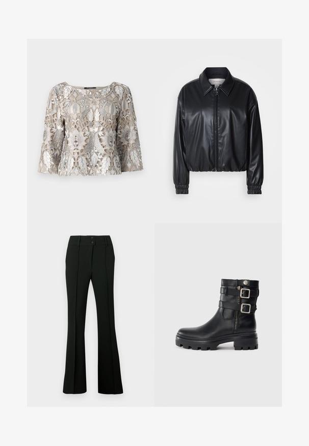 Giacca nera corta in ecopelle con zip frontale, colletto a punta e polsini elastici. Presenta una grafica minimalista sul petto.; Top beige ricamato con filo d'argento che presenta motivi floreali e fogliari. Collo a barchetta e maniche a campana; finitura in tessuto testurizzato.; Pantaloni neri a zampa d'elefante in tessuto liscio, con vita alta dotata di due bottoni e pieghe frontali, che donano un aspetto sartoriale.; Stivale alla caviglia in pelle nera con doppi dettagli a fibbia, chiusura con zip, suola spessa e superficie liscia. Presenta un design robusto e alla moda.