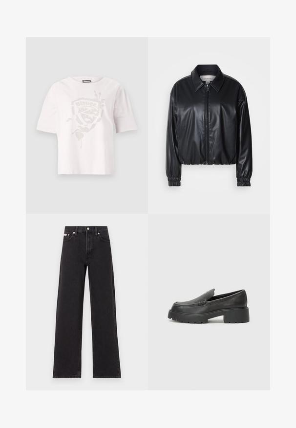 Black cropped jacket in faux leather with a zip front, pointed collar, and elastic cuffs. Features minimal branding on the chest.; White short-sleeve T-shirt made of cotton, featuring a textured graphic design in a subtle metallic finish on the front.; Black wide-leg jeans made of denim, featuring a high-rise waist, five-pocket styling, and a metal button closure with contrasting stitching.; Black leather loafers with a rounded toe, thick textured sole, and minimal stitching details. Sleek design with no visible laces or hardware.