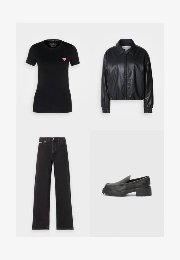 Sort cropped jakke i faux læder med lynlås foran, spidse kraver og elastiske håndled. Minimal brandings på brystet.; Sort kortærmet t-shirt lavet af bomuld, med et lille rødt trekantet logo på venstre brystområde og en standard rund halsudskæring.; Sorte vidde jeans lavet af denim, med høj talje, fem-lomme stil og en metalknap lukning med kontrasterende syninger.; Sorte læder loafers med rund tå, tyk tekstureret sål og minimale syninger. Elegant design uden synlige snørebånd eller hardware.