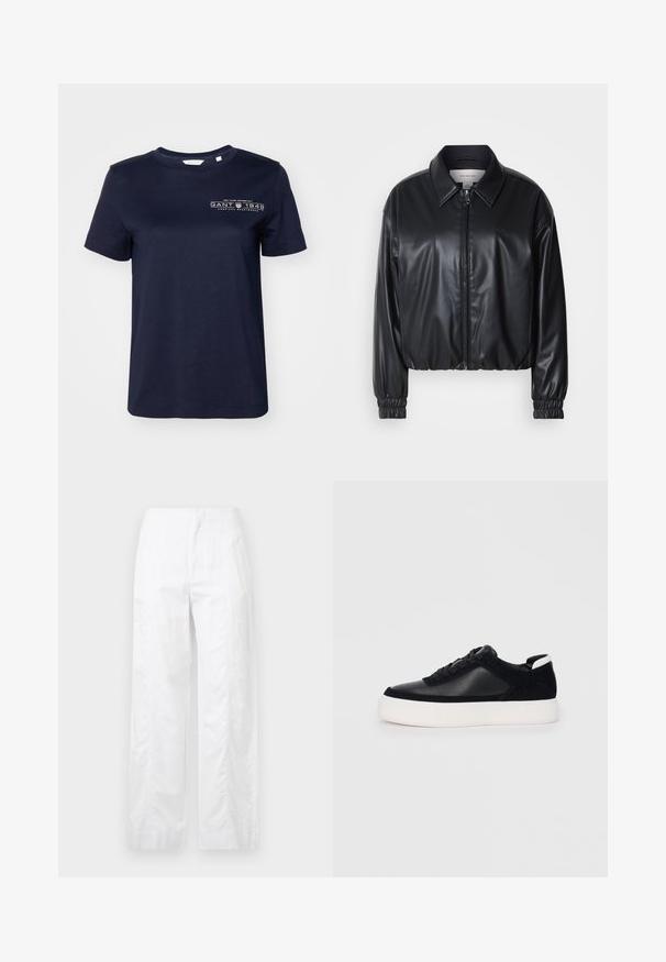 Black cropped jacket in faux leather with a zip front, pointed collar, and elastic cuffs. Features minimal branding on the chest.; Navy blue cotton T-shirt with short sleeves, round neck, and a printed logo featuring “GANT 1949” on the left chest. Smooth texture.; White wide-leg trousers made of lightweight fabric, featuring a smooth texture, clean lines, and a high waist design.; Black sneaker with smooth leather and suede panels, flat laces, rounded toe, and a white rubber sole. Distinct logo on the heel.