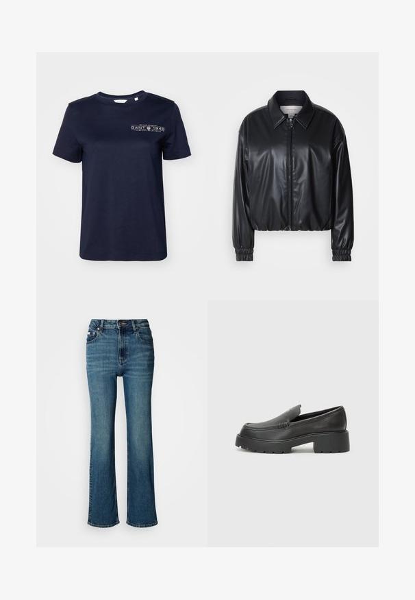 Black cropped jacket in faux leather with a zip front, pointed collar, and elastic cuffs. Features minimal branding on the chest.; Navy blue cotton T-shirt with short sleeves, round neck, and a printed logo featuring “GANT 1949” on the left chest. Smooth texture.; High-waisted blue jeans made of denim, featuring a straight leg design, subtle fading, and a standard button and zipper closure.; Black leather loafers with a rounded toe, thick textured sole, and minimal stitching details. Sleek design with no visible laces or hardware.