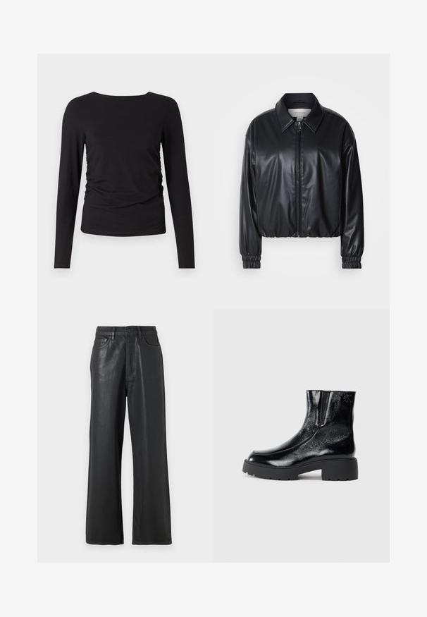 Zwarte cropped jacket van faux leer met een ritssluiting aan de voorkant, puntige kraag en elastische manchetten. Bevat minimale branding op de borst.; Zwarte lange mouw top van zachte stof, met een ronde halslijn en een geplooid detail aan één zijde voor extra textuur.; Zwarte wijde broek gemaakt van een glanzend materiaal. Bevat een knoopsluiting, riemlussen en voorzakken met een gladde structuur.; Zwarte enkellaarsjes met een glanzende lakleren afwerking, chunky zwarte rubberen zool en verhoogde hak; inclusief subtiele logo-detail aan de zijkant.