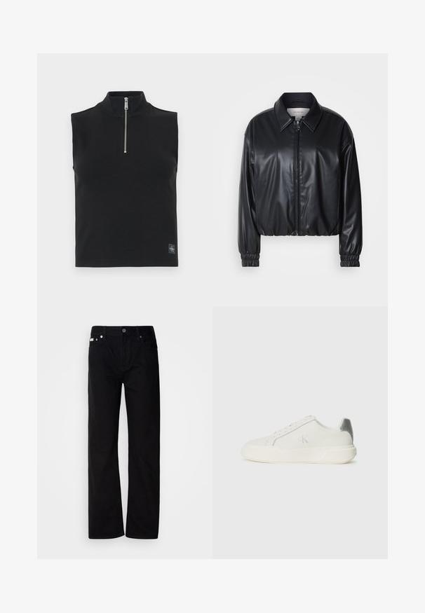 Musta lyhyt nahkatakki, jossa on vetoketjukiinnitys, terävä kaulus ja joustavat hihansuut. Rinnassa on minimaalinen brändäys.; Musta hihaton toppi, jossa on korkea kaulus ja lyhyt vetoketjulukko, valmistettu ribatusta materiaalista. Siinä on pieni logo alaosassa.; Mustat farkkusuorat housut, joissa on viisi taskua, hopeiset niitit ja nappisuljenta. Kangas on sileä, hieman teksturoitu pinta.; Valkoinen nahkakenkä, jossa on sileä pinta, hopeinen yksityiskohta kantapäässä, tasapohja ja minimalistinen muotoilu.