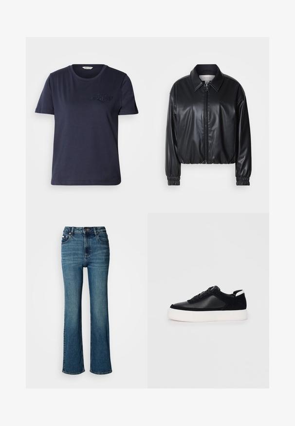 Zwarte cropped jacket van faux leer met een ritssluiting aan de voorkant, puntige kraag en elastische manchetten. Bevat minimale branding op de borst.; Marineblauwe katoenen T-shirt met een ronde hals, korte mouwen en een geborduurd logo op de linkerkant van de borst. Zachte textuur en een relaxed fit.; Hogwaardige blauwe jeans van denim, met een rechtzittend ontwerp, subtiele vervaging en een standaard knoop- en ritssluiting.; Zwarte sneaker met glad leer en suede panelen, platte veters, ronde neus en een witte rubberen zool. Duidelijk logo op de hiel.