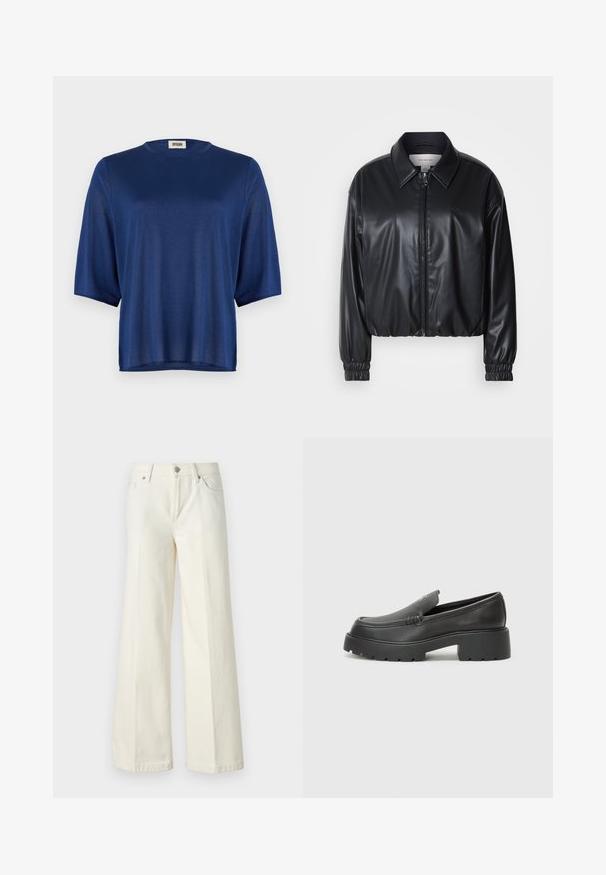 Jacket cropped preto em couro sintético com fecho zip, colarinho pontudo e punhos elásticos. Apresenta uma marcação mínima no peito.; Top azul-marinho de manga curta feito de tecido suave, com decote redondo e um corte solto. Design simples, sem padrões ou adornos.; Calças jeans brancas de perna larga, feitas de tecido de algodão misto. Apresentam fecho de correr, design de cinco bolsos e costura ao longo das costuras.; Mocassins de couro preto com bico arredondado, sola espessa e texturizada, e detalhes de costura minimalistas. Design elegante sem atacadores ou ferragens visíveis.