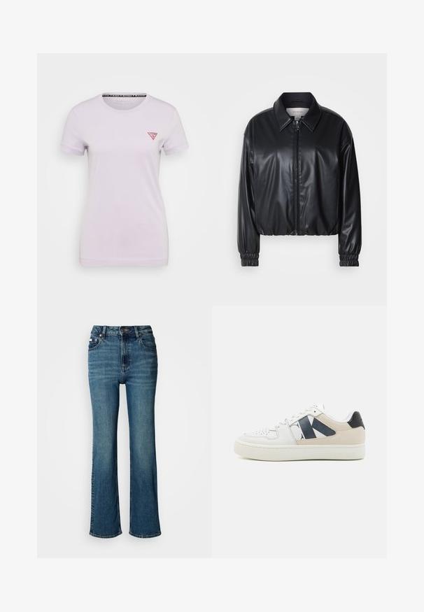 Jacket cropped preto em couro sintético com fecho zip, colarinho pontudo e punhos elásticos. Apresenta uma marcação mínima no peito.; Guess MINI TRIANGLE TEE - T-shirt básica - new light lilac; Jeans de cintura alta em denim azul, com um design de perna reta, desbotamento subtil e um fecho padrão com botão e zipper.; Ténis brancos com detalhes em azul-marinho e bege. Couro liso com perfurações na ponta e um logótipo proeminente na lateral. Sola de borracha.