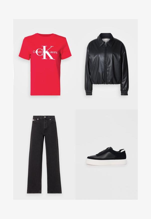 Sort cropped jakke i faux læder med lynlås foran, spidse kraver og elastiske håndled. Minimal brandings på brystet.; Rød bomulds t-shirt med et stort hvidt "CK" logo på fronten, og teksten "Calvin Klein Jeans" nedenunder i et moderne skrifttype. Korte ærmer.; Sorte vidde jeans lavet af denim, med høj talje, fem-lomme stil og en metalknap lukning med kontrasterende syninger.; Sort sneakers med glat læder og ruskindspaneler, flade snørebånd, rund tå og en hvid gummisål. Distinkt logo på hælen.