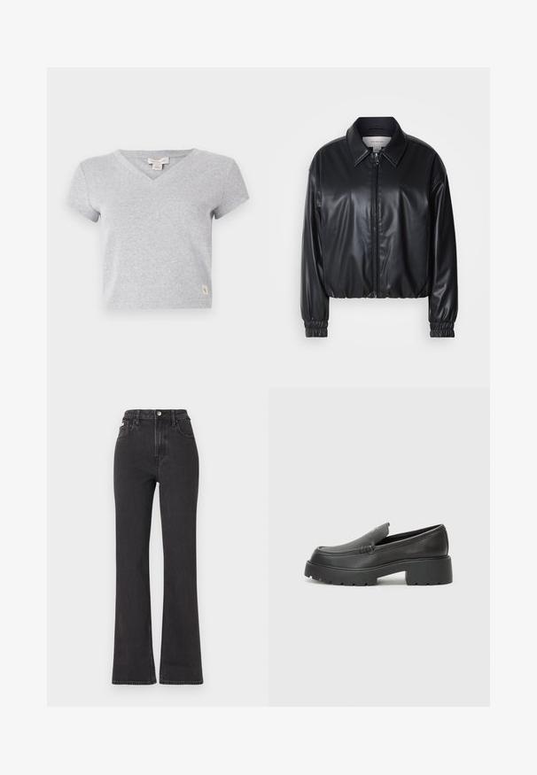 Zwarte cropped jacket van faux leer met een ritssluiting aan de voorkant, puntige kraag en elastische manchetten. Bevat minimale branding op de borst.; Grijze katoenen t-shirt met korte mouwen, een v-hals en een klein logotag aan de onderkant links. Zachte textuur en een eenvoudig ontwerp.; Zwarte hoge taille flared jeans van denim, met een knoopsluiting, riemlussen en zijzakken. Gladde textuur met minimale vervaging.; Zwarte leren instappers met een ronde neus, dikke getextureerde zool en minimale stikseldetails. Strak ontwerp zonder zichtbare veters of hardware.