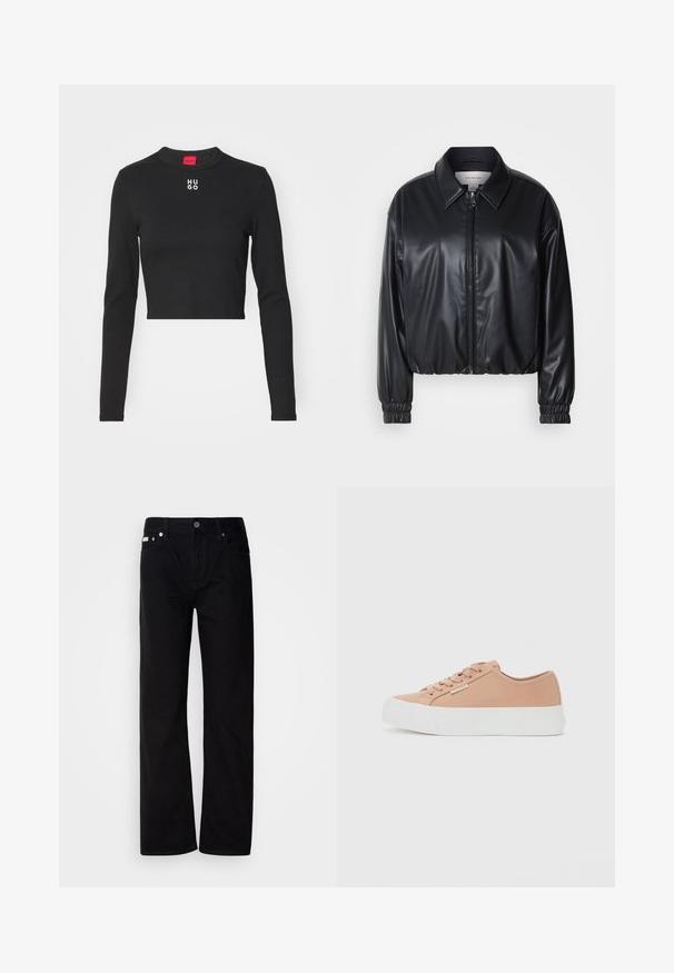 Zwarte cropped jacket van faux leer met een ritssluiting aan de voorkant, puntige kraag en elastische manchetten. Bevat minimale branding op de borst.; Zwart langemouwen cropped top van gladde stof, met een ronde hals en het witte "HUGO" logo op de borst.; Zwarte denim rechte broek met vijf zakken, zilveren klinknagels en een knoopsluiting. De stof heeft een gladde, licht gestructureerde afwerking.; Lage pastelroze sneaker met vetersluiting aan de voorkant, witte plateauzool en klein metalen logo-label aan de zijkant.