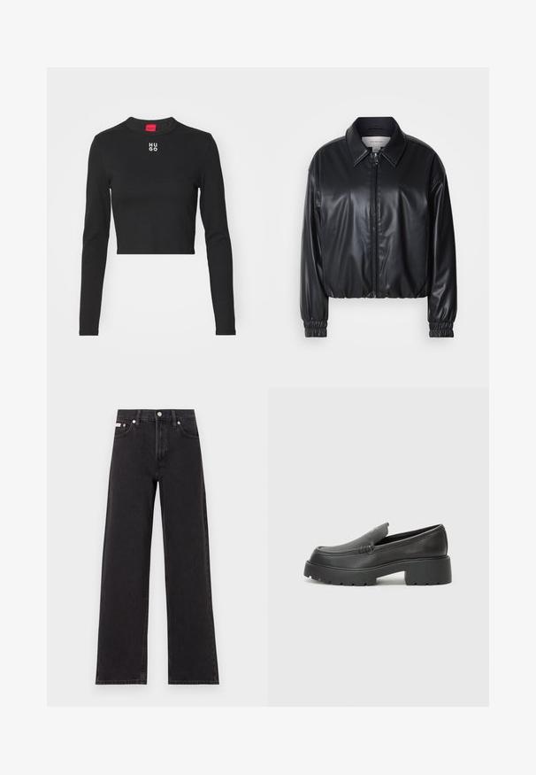 Zwarte cropped jacket van faux leer met een ritssluiting aan de voorkant, puntige kraag en elastische manchetten. Bevat minimale branding op de borst.; Zwart langemouwen cropped top van gladde stof, met een ronde hals en het witte "HUGO" logo op de borst.; Zwarte wijde spijkerbroeken van denim, met een hoge taille, vijf-pocket stijl en een metalen knoopsluiting met contrasterende stiksels.; Zwarte leren instappers met een ronde neus, dikke getextureerde zool en minimale stikseldetails. Strak ontwerp zonder zichtbare veters of hardware.