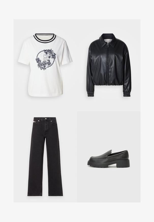 Veste noire courte en simili cuir avec fermeture éclair à l'avant, col pointu et poignets élastiques. Présente un marquage minimal sur la poitrine.; T-shirt en coton blanc avec un graphique floral rond en marine, col côtelé en rayures noires et blanches. Manches courtes, coupe décontractée.; Jeans noirs à jambes larges en denim, avec une taille haute, une coupe à cinq poches et une fermeture à bouton en métal avec des coutures contrastantes.; Mocassins en cuir noir avec un bout arrondi, une semelle épaisse et texturée, et des détails de couture minimalistes. Design épuré sans lacets ni métal visibles.
