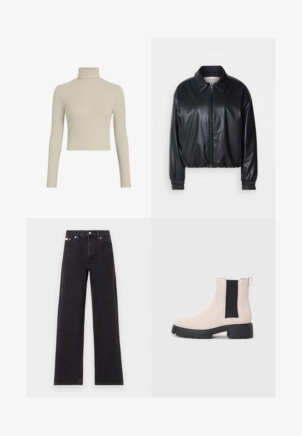 Czarna krótka kurtka z ekoskóry z zamkiem z przodu, spiczastym kołnierzem i elastycznymi mankietami. Posiada minimalistyczne logo na klatce piersiowej.; Jasny beżowy top z długim rękawem i golfem, o dopasowanym kroju. Posiada subtelny metkę z logo na brzegu. Gładka faktura.; Czarne dżinsy o szerokich nogawkach, wykonane z denimu, z wysokim stanem, pięcioma kieszeniami oraz metalowym zapięciem z kontrastowym szwem.; Beżowe zamszowe botki Chelsea z czarną elastyczną wstawką po bokach, masywną czarną podeszwą i pętelką przy kostce.
