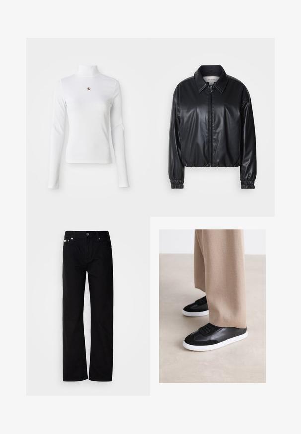 Musta lyhyt nahkatakki, jossa on vetoketjukiinnitys, terävä kaulus ja joustavat hihansuut. Rinnassa on minimaalinen brändäys.; Pitkähiha, valkoinen poolopaita, joka on valmistettu ribbitetystä materiaalista. Keskellä on pieni brodeerattu logo. Mitoitettu malli ilman kuvioita.; Mustat farkkusuorat housut, joissa on viisi taskua, hopeiset niitit ja nappisuljenta. Kangas on sileä, hieman teksturoitu pinta.; Mustat nahkakengät, joissa on mokkanahka-akcentteja, valkoisella kumipohjalla ja mustilla nauhoilla. Yhdistetty vaaleanbeigeihin leveisiin housuihin.