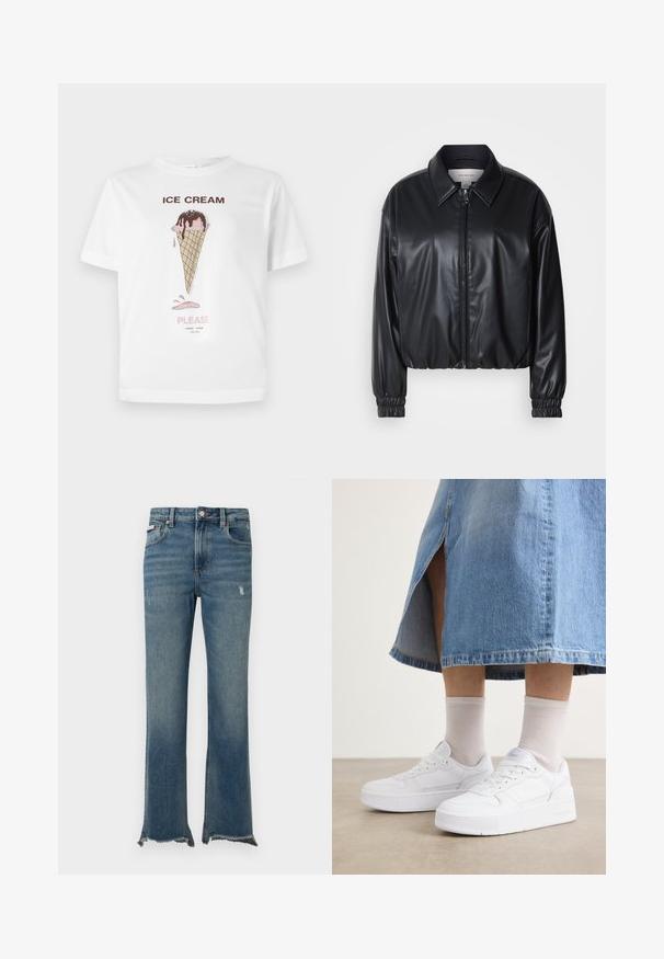 Zwarte cropped jacket van faux leer met een ritssluiting aan de voorkant, puntige kraag en elastische manchetten. Bevat minimale branding op de borst.; Witte katoenen t-shirt met een illustratie van een ijsje in een hoorntje met roze en bruine accenten, en de tekst "ICE CREAM PLEASE" eronder.; Blauwe spijkerbroek van denim met lichte slijtage, ruwe rafelige zomen, voorzakken, riemlussen en een knoopsluiting.; Witte sneakers van textiel leer, met een platformzool, ronde neus en vetersluiting; gecombineerd met lichtgrijze crew-sokken en een spijkerrok.