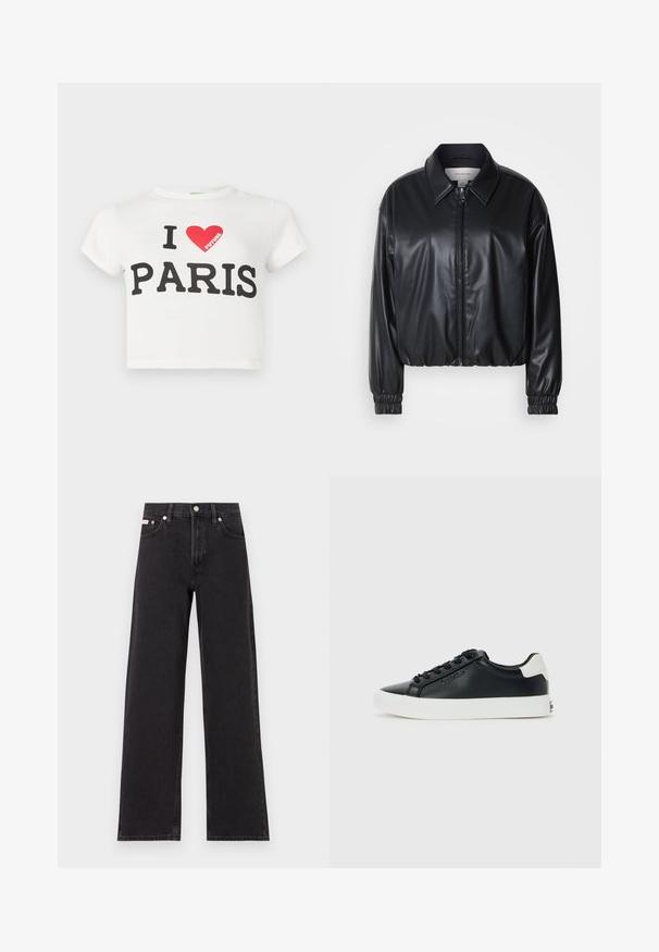 Crna skraćena jakna od umjetne kože s prednjim patentnim zatvaračem, oštrim ovratnikom i elastičnim manžetama. Ima minimalno brendiranje na prsima.; Bijela kratka majica s kratkim rukavima s natpisom "Volim BUDUĆI PARIZ", uz crvenu grafiku srca koja uključuje riječ "BUDUĆI" unutar njega.; Crne široke traperice od denima, s visokim strukom, pet džepova i metalnim zatvaranjem s kontrastnim šavovima.; Crne niske tenisice s bijelim potplatom i tabanom, crne vezice i suptilni Calvin Klein logotip sa strane, prikazane na jednostavnoj pozadini.