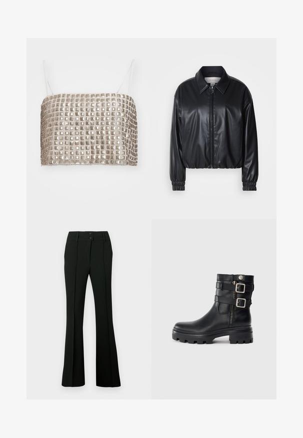 Must have musternahk, mis on valmistatud kunstnahast, lukuga esifaas, terava krae ja elastsete mansettidega. Rinnas minimaalne brändingu element.; Metallilise hõbedane lühike topp ruudukujuliste glitteritega ja õhukeste valgete rihmadega, ristküliku kujuline, siledast tekstuurist ja ühtlase ruudustiku mustriga.; Mustad laienevad püksid, millel on sile kangas, kõrge vöökoht kahe nööbiga ja ees voldid, mis annavad kohandatud välimuse.; Mustad mustat nahast pahkluumudud, kahekordsete põhjakaunistustega, lukuga sulgemine, paksud tallad ja sile tekstuur. Omab robustset ja stiilset disaini.