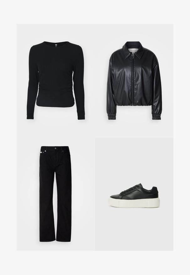 Juodas trumpas švarkas iš dirbtinės odos su užtrauktuku priekyje, smailiu apykaklės dizainu ir elastingomis rankovėmis. Švarke minimalus prekės ženklas ant krūtinės.; Juodas ilgomis rankovėmis viršus iš gumulinės medžiagos, su apvaliu iškirpimu ir šoninėmis raukšlėmis. Siluetas yra prigludęs ir pritaikytas prie kūno.; Juodi džinsai tiesaus kirpimo su penkiomis kišenėmis, sidabriniais kabliukais ir mygtukų užtrauktuku. Medžiaga turi lygią, šiek tiek tekstūruotą apdailą.; Juodas odinis sportbačių modelis su apvaliu priekiu, baltu platformos padu ir juodais raišteliais. Yra subtilus logotipas ant kulno ir glotni tekstūra.