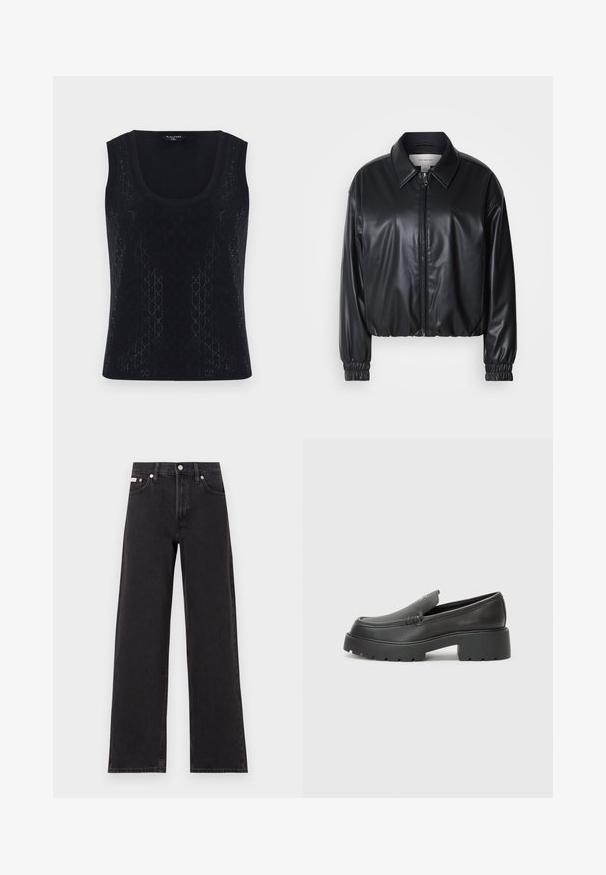 Must have musternahk, mis on valmistatud kunstnahast, lukuga esifaas, terava krae ja elastsete mansettidega. Rinnas minimaalne brändingu element.; Must mustriga T-särk kaelaaugu lõikega, millel on tekstuuriga muster väikestest geomeetrilistest kujudest ja peene sära. Kanga koostis on kerge ja sile.; Mustad laiad mustad teksad, millel on kõrge vöökoht, viie tasku stiil ja metallist nööpkinnitus kontrastsete õmblustega.; Mustad nahast loafers ümarate varvastega, paksu tekstuuriga tald ja minimaalsete õmbluse detailidega. Viimistletud disain, kus pole nähtavaid paelu ega riistu.