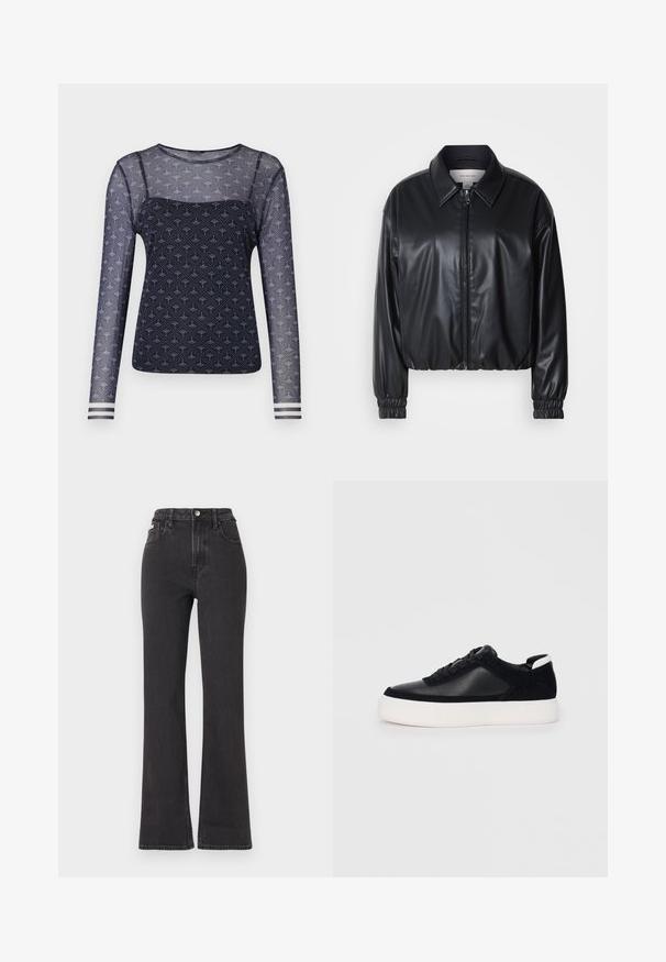 Black cropped jacket in faux leather with a zip front, pointed collar, and elastic cuffs. Features minimal branding on the chest.; Long-sleeved top in navy mesh with a patterned design featuring light blue accents. Soft texture with striped cuffs at the wrists.; Black high-waisted flared jeans made of denim, featuring a button closure, belt loops, and side pockets. Smooth texture with minimal fading.; Black sneaker with smooth leather and suede panels, flat laces, rounded toe, and a white rubber sole. Distinct logo on the heel.