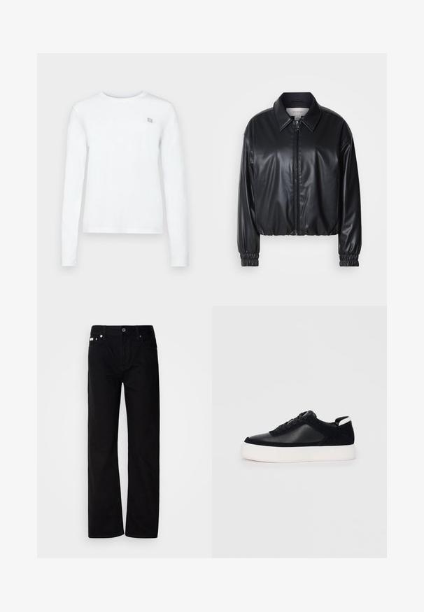 Must have musternahk, mis on valmistatud kunstnahast, lukuga esifaas, terava krae ja elastsete mansettidega. Rinnas minimaalne brändingu element.; Calvin Klein Jeans REGULAR LONG SLEEVED - Pikkade varrukatega topp - bright white; Mustad teksased sirge jala ja viie taskuga, hõbedaste neetide ja nupu sulgemisega. Kanga pind on sile, kerge tekstuuriga.; Mustad mustad spordijalanõud siledast nahast ja sametist paneelidega, lame nööriga, ümar varvas ja valge kummist tallaga. Erakordne logo kontsas.