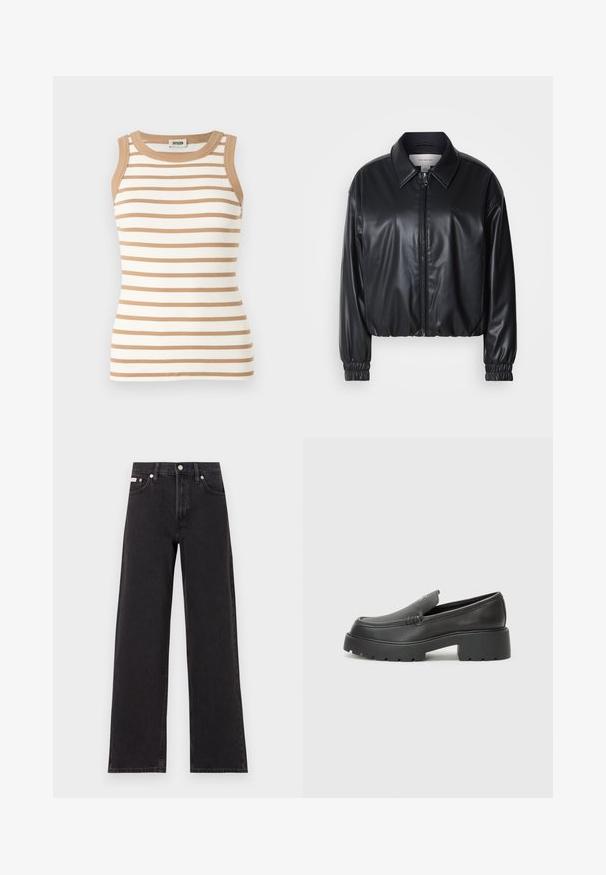 Czarna krótka kurtka z ekoskóry z zamkiem z przodu, spiczastym kołnierzem i elastycznymi mankietami. Posiada minimalistyczne logo na klatce piersiowej.; Bez rękawów, prążkowany top w kolorze kremowym i jasnobrązowym w poziome paski. Posiada kontrastowy brązowy kołnierz i wycięcia na ramiona.; Czarne dżinsy o szerokich nogawkach, wykonane z denimu, z wysokim stanem, pięcioma kieszeniami oraz metalowym zapięciem z kontrastowym szwem.; Czarne skórzane mokasyny z zaokrąglonym noskiem, grubą fakturowaną podeszwą oraz minimalnymi detalami szycia. Elegancki design bez widocznych sznurowadeł czy elementów metalowych.