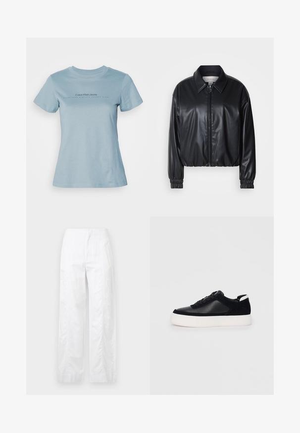 Črna krajša jakna iz umetnega usnja z zadrgo spredaj, koničastim ovratnikom in elastičnimi manšeti. Ima minimalno blagovno oznako na prsih.; Svetlo modra bombažna majica s kratkimi rokavi in okroglim izrezom, na kateri je črn napis "Calvin Klein Jeans" z besedilom "USTANOVLJENO OSEMNAJST ROK" spodaj.; Bela široka hlače iz lahkega materiala, ki se ponašajo z gladko teksturo, čistimi linijami in visokim pasom.; Črne športne copate z gladko usnjeno in semišnimi paneli, ravnimi vezalkami, zaobljenim nosom in belim gumijastim podplatom. Oznaka na peti.