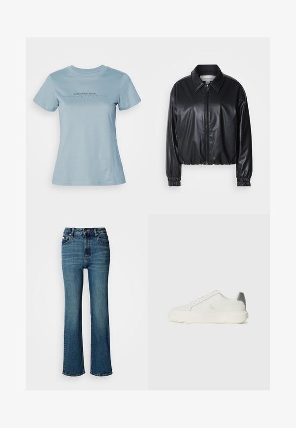 Must have musternahk, mis on valmistatud kunstnahast, lukuga esifaas, terava krae ja elastsete mansettidega. Rinnas minimaalne brändingu element.; Heleheles helesin sinine puuvillane T-särk ümmarguse kaeluse ja lühikeste varrukatega, musta tekstiga "Calvin Klein Jeans" allpool tekst "ASUTATUD ÜHEKSA KÜMME SEITSE".; Kõrge vöökohaga sinised teksad, mis on valmistatud denimist, sirge jalaga disain, kerge pleekimine ning tavaline nööp ja tõmblukk.; Valged nahast tenniseketsad sujuva tekstuuriga, hõbedase aktsendiga kandadel, lame tallaga ja minimalistliku disainiga.