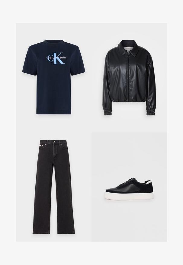 Black cropped jacket in faux leather with a zip front, pointed collar, and elastic cuffs. Features minimal branding on the chest.; Navy blue cotton t-shirt with short sleeves, featuring the logo "Calvin Klein" in light blue and pink on the front. Simple crew neckline.; Black wide-leg jeans made of denim, featuring a high-rise waist, five-pocket styling, and a metal button closure with contrasting stitching.; Black sneaker with smooth leather and suede panels, flat laces, rounded toe, and a white rubber sole. Distinct logo on the heel.