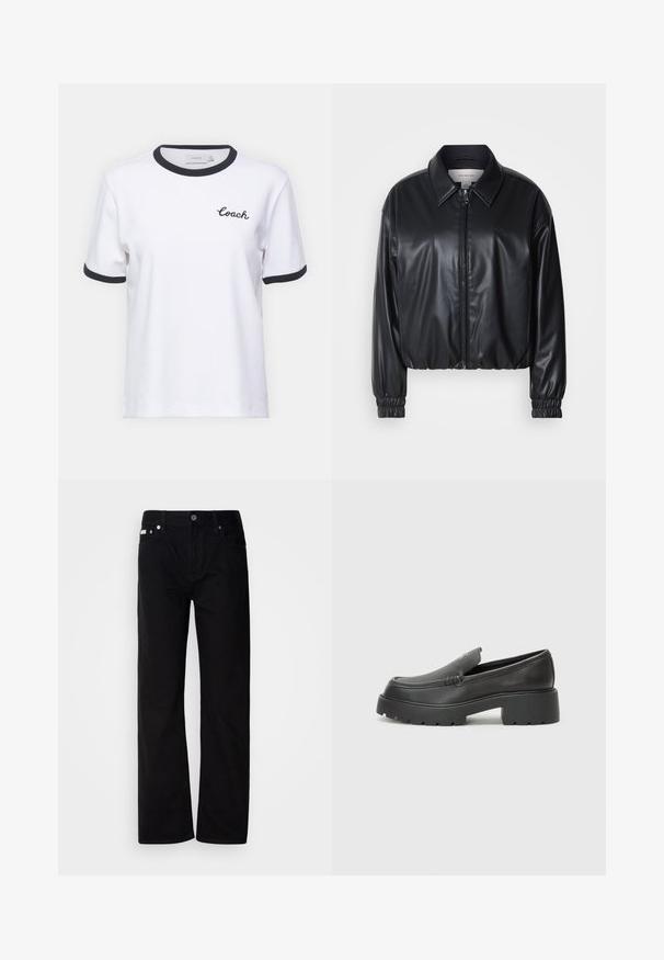 Černá zkrácená bunda z umělé kůže se zipem vpředu, špičatým límcem a elastickými manžetami. Obsahuje minimální branding na hrudi.; Bílý bavlněný tričko s černým lemem u krku a na rukávech. Obsahuje vyšívané logo "Coach" na hrudi. Krátké rukávy, uvolněný střih.; Černé džíny rovného střihu s pěti kapsami, stříbrnými nýty a zapínáním na knoflík. Látka má hladký, mírně texturovaný povrch.; Černé kožené mokasíny s okrouhlou špičkou, silnou strukturovanou podrážkou a minimálními detaily šití. Elegantní design bez viditelných tkaniček nebo kovových prvků.