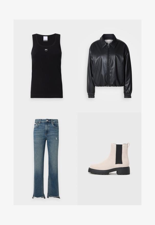 Must have musternahk, mis on valmistatud kunstnahast, lukuga esifaas, terava krae ja elastsete mansettidega. Rinnas minimaalne brändingu element.; Mustmustriibuline must puuvillane tank top, ümmargune kaelus ja väikene valge logo rinna keskosas. Nähtavad õmblused või mustrid puuduvad.; Sinised teksapüksid kergelt kulunud detailidega, toores narmendav äär, esimesed taskud, vööaasad ja nööpkinnitus.; Beez suède Chelsea saapad mustade venituspaneelidega, turske musta põhjaga ja käepidemega pahkluul.