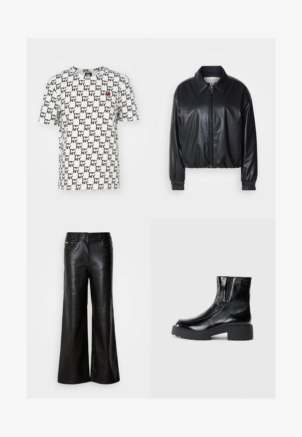 Črna krajša jakna iz umetnega usnja z zadrgo spredaj, koničastim ovratnikom in elastičnimi manšeti. Ima minimalno blagovno oznako na prsih.; Bela bombažna majica z značilnim črnimi ponovljenimi vzorci "NY". Oblikovanje s krožnim ovratnikom in rdečim logotipom na levem prsnem predelu. Kratke rokave.; Črne usnjene hlače širokega kroja z gladko teksturo, z zapiranjem na gumb spredaj, dvema stranskima žepoma ter minimalnimi detajli šivanja.; Črne gležnarje z sijajnim patentiranim usnjem, debele črne gumijaste podplate in dvignjen petni del; vključujejo subtilen logotip na strani.