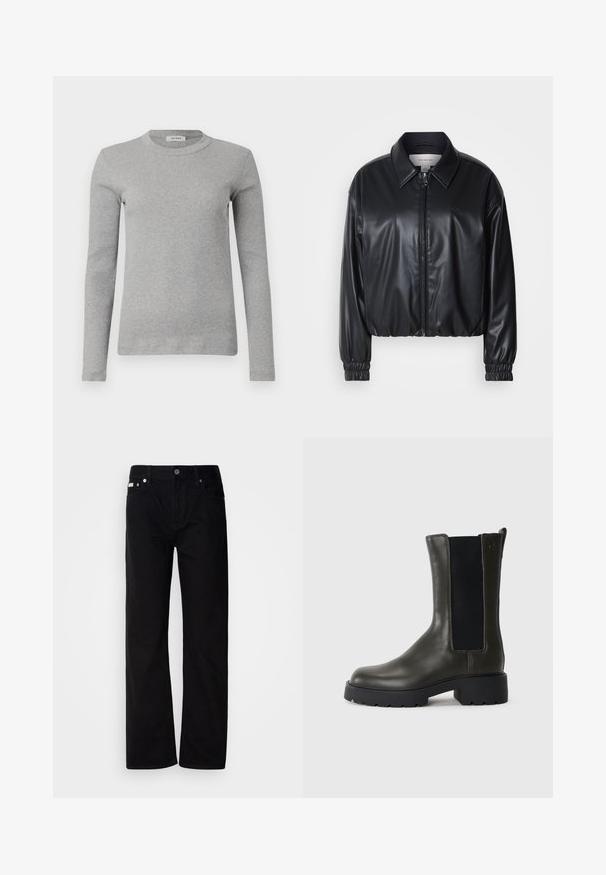 Juodas trumpas švarkas iš dirbtinės odos su užtrauktuku priekyje, smailiu apykaklės dizainu ir elastingomis rankovėmis. Švarke minimalus prekės ženklas ant krūtinės.; Pilkas ilgas rankovės megztinis, pagamintas iš raukinėta audinio, su apvaliu iškirpimu ir prigludusia siluetu. Paprastas dizainas, be matomų raštų ar akcentų.; Juodi džinsai tiesaus kirpimo su penkiomis kišenėmis, sidabriniais kabliukais ir mygtukų užtrauktuku. Medžiaga turi lygią, šiek tiek tekstūruotą apdailą.; Žalios odinės aulinės bateliai su elastinėmis šoninėmis panelėmis, apvaliu pirštu ir guminiais padais. Yra tekstūruotas paviršius ir kvadratinis kulnas.