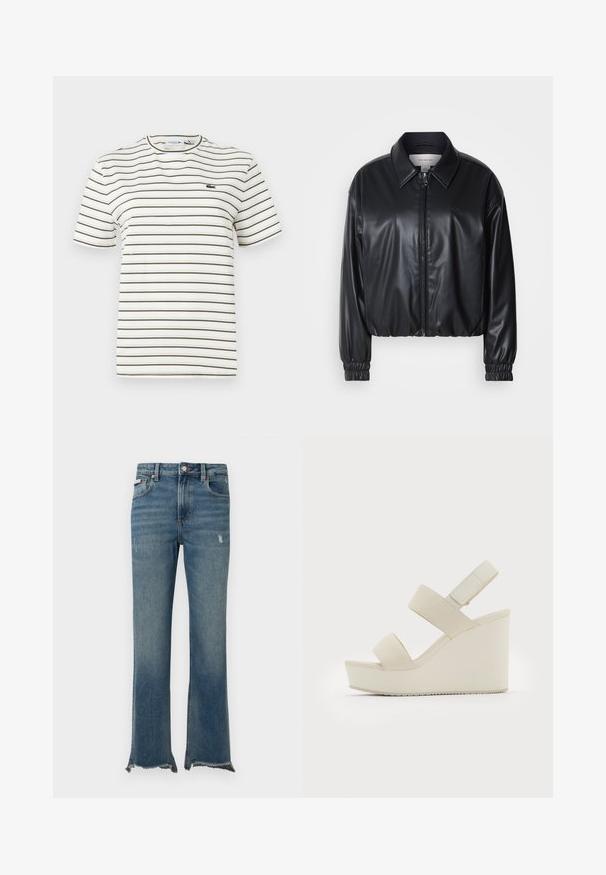 Black cropped jacket in faux leather with a zip front, pointed collar, and elastic cuffs. Features minimal branding on the chest.; Striped t-shirt in white with thin olive green lines. Features a crew neck, short sleeves, and a small Lacoste logo on the chest.; Blue denim jeans with slight distressing, raw frayed hems, front pockets, belt loops, and a button closure.; Beige wedge sandals with two wide straps and a tapered heel. Made of smooth fabric with a textured sole. Logo embossed on the heel.