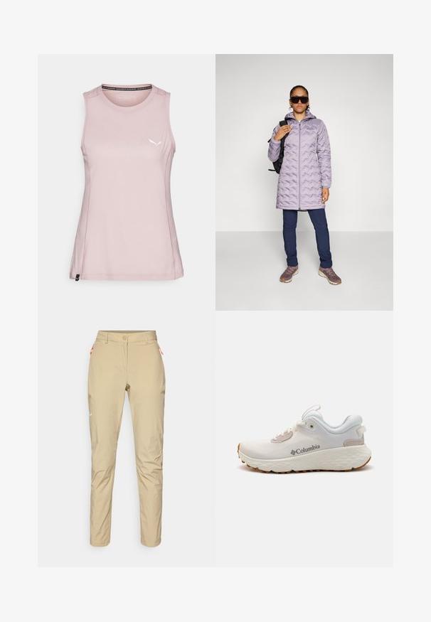 Columbia DELTA RIDGE™ LONG JACKET - Puhovka – plašč - shale purple; Roza brezrokavna atletska majica iz mehkega materiala, ki ima subtilen logotip in ojačane šive ob robovih.; Bež hlače za prosti čas z gladko teksturo, z oranžnim žepom na zadrgo, ožjega kroja in majhnim belim logotipom spredaj.; Lahka športna obutev Columbia v beli mreži z teksturiranim sivim podplatom in gumijastim oprijemom. Ima podloženi ovratnik in vezalni dizajn.