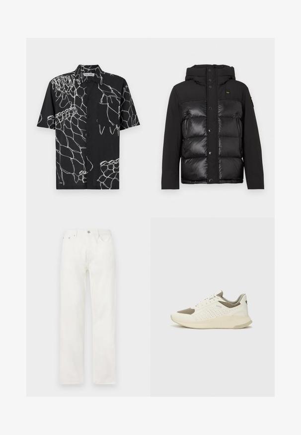 Juodas pūkinis švarkas su kapišonu, priekiniais spaudėmis ir matinių bei blizgių tekstūrų deriniu. Įtraukti užtrauktukinė šoninė kišenė ir logotipo insignija.; Juodos spalvos trumpomis rankovėmis marškiniai su baltu abstrakčiu linijų raštu. Priekinis mygtukų užsegimas su vienu krūtiniu kišeniu. Medvilnės mišinys.; Baltos džinsinės kelnės su tiesiu kojų siluetu, užsegimu su mygtuku ir užtrauktuku, penkių kišenių dizainu ir be matomų raštų ar akcentų.; Baltas ir šviesiai bežinis sportinis kedas, su tinklo viršumi, perforuotais detalėmis ir tekstūruotu tarpine su logotipu ant kulno.