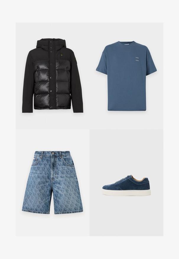 Melna pūkaina jaka ar kapuci, priekšējiem spiedpogām un matētu un spīdīgu tekstūru kombināciju. Iekļaujās ar rāvējslēdzēju sānu kabatu un logo plāksteri.; Zilas kokvilnas T-krekls ar klasisku apaļu kaklu, īsām piedurknēm, brīvu piegriezumu un diviem maziem apdrukātiem logo uz krūtīm. Gluda tekstūra.; Gaiši zili džinsu šorti ar smalku leoparda rakstu, ar klasisku jostu, jostas cilpiņām un priekšējām kabatām.; Zilas zamša sporta apavi ar baltu gumijas zoli, ar šņorēm, noapaļota purngala forma un kontrastējoša brūna iekšpuse. Smalki izšūšanas elementi.