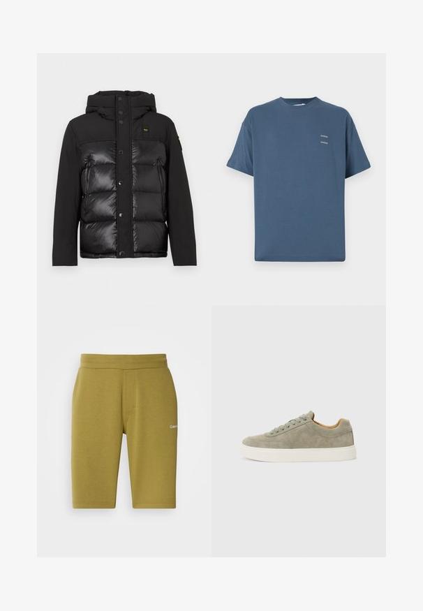 Black puffer jacket featuring a hood, front snap buttons, and a mix of matte and shiny textures. Includes zippered side pocket and logo patch.; Blue cotton t-shirt with a classic crew neck, short sleeves, relaxed fit, and two small printed logos on the chest. Smooth texture.; Olive green shorts made of soft cotton blend, featuring a smooth texture, elastic waistband, and discreet logo on the left side.; Gray suede sneaker with a round toe, contrasting white rubber sole, and matching gray laces. Simple design with minimal branding details.