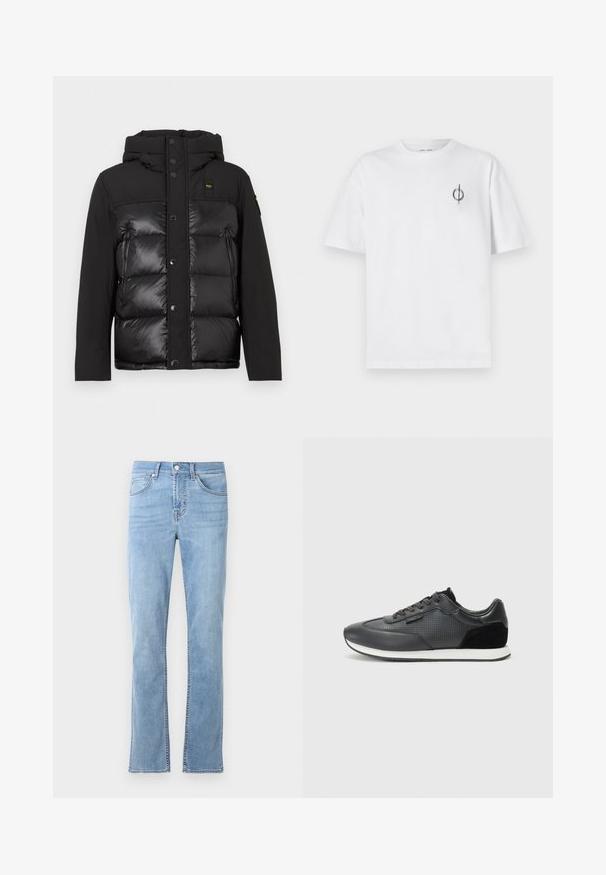 Black puffer jacket featuring a hood, front snap buttons, and a mix of matte and shiny textures. Includes zippered side pocket and logo patch.; White cotton t-shirt with a relaxed fit, featuring a small black graphic logo on the left chest area. Short sleeves, crew neck style.; Light blue, straight-leg jeans made of cotton denim. Features five pockets, a front button closure, and subtle stitching details.; Black athletic sneakers featuring a leather upper with perforated detailing, suede accents, and a white rubber sole. Classic lace-up design.